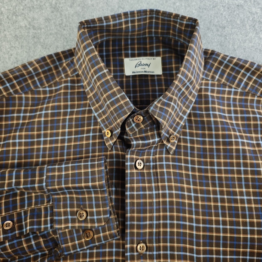Brioni‎ Shirt Mens XL Brown Blue Plaid Long Sleeve Button Down Cotton Neiman